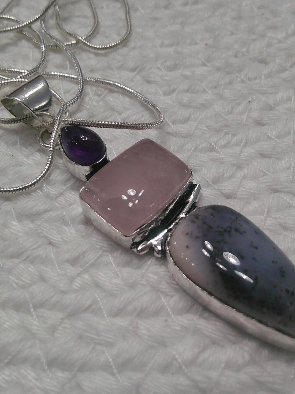 DENDRITE OPAL, ROSE QUARTZ & AMETHYST Handmade Sterling 925 Pendant/Chain #461F